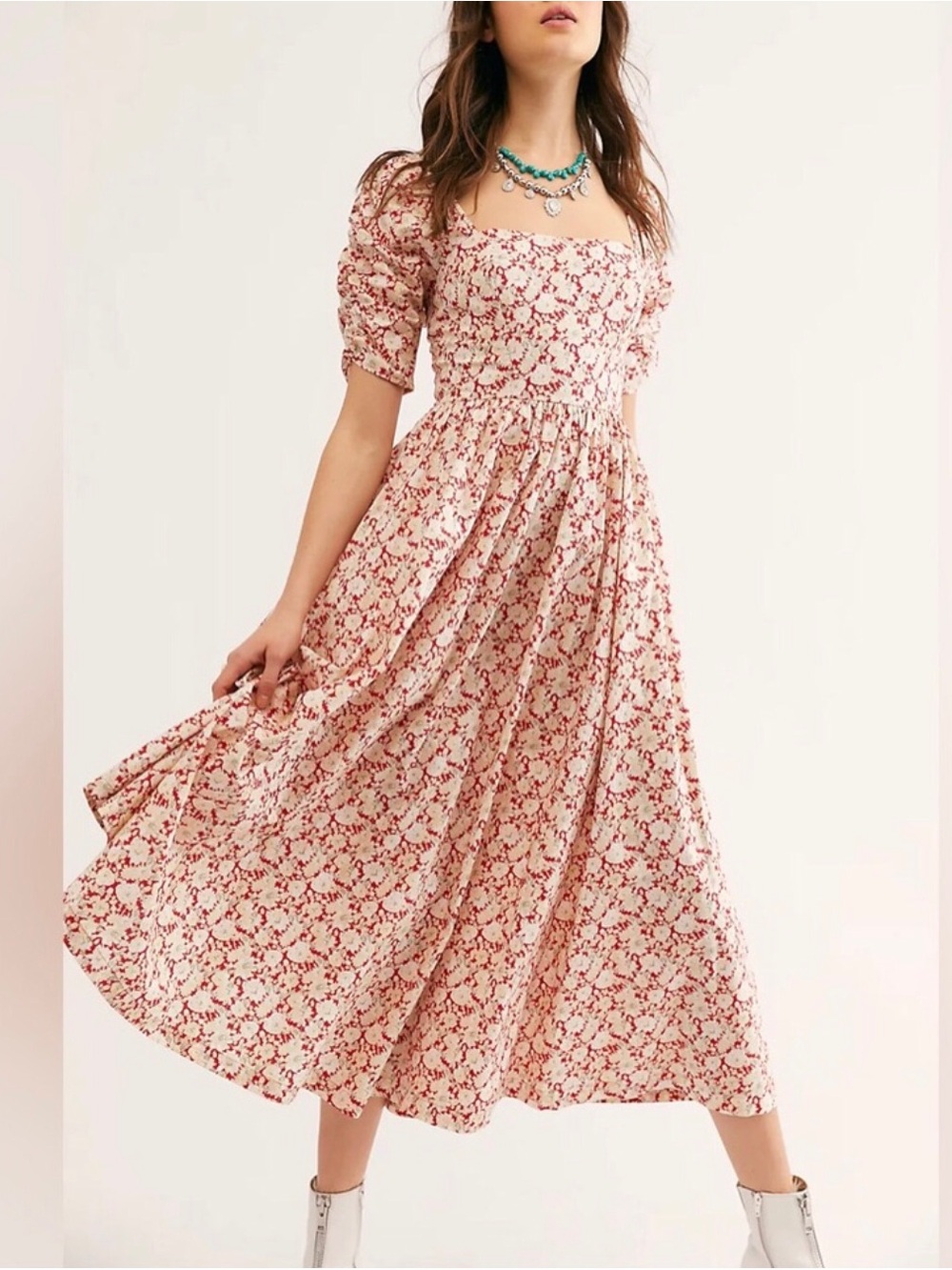 Free People Size 6 Red Floral She’s A Dream Boho Midi Dress Cottagecore Cotton - Picture 2 of 12